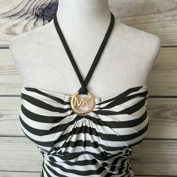 Michael Kors Green & White Striped Halter Tank Swim Suit Top - Picture 2 of 5